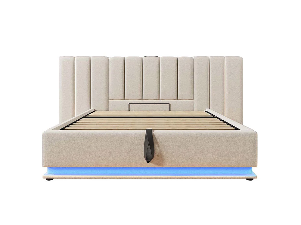 Lit coffre rembourré en lin 160x200 cm - App Control LED - Ports USB-C - Sommier à lattes - Beige