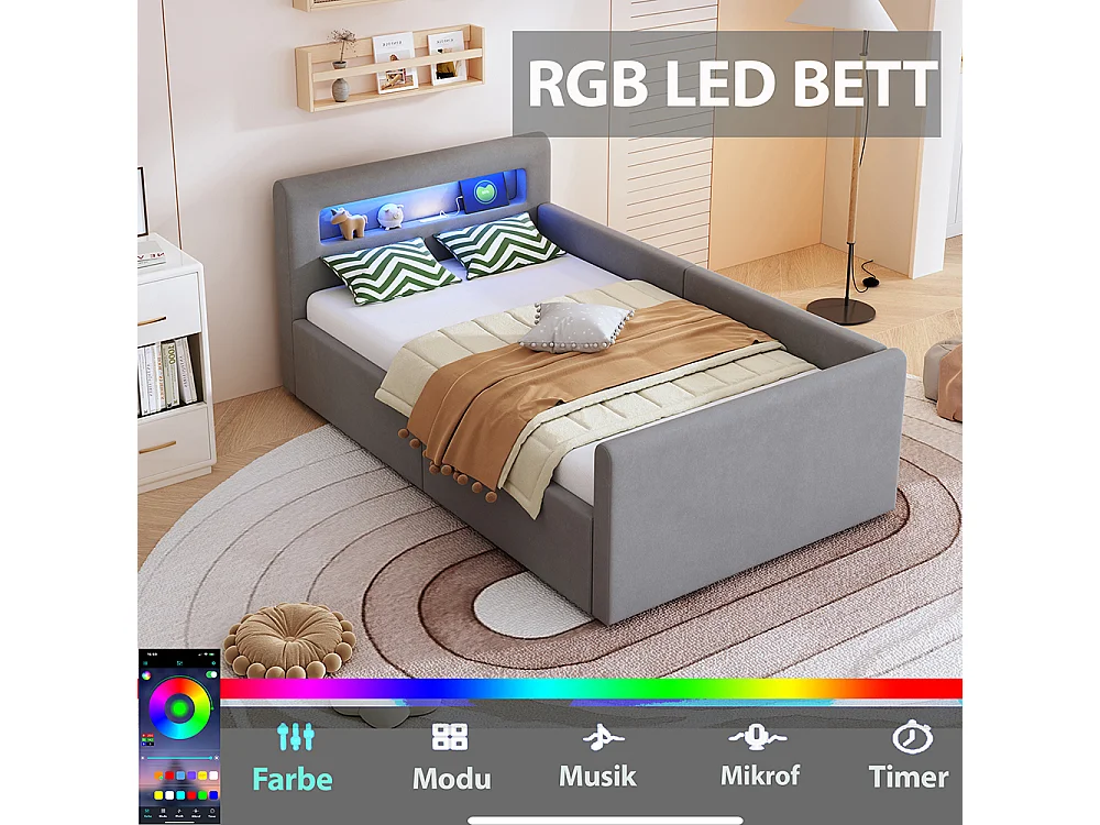 Lit enfant rembourré 90 x 200 cm - lumière LED - port USB - rangement hydraulique - compartiments de rangement - tissu velours - gris clair