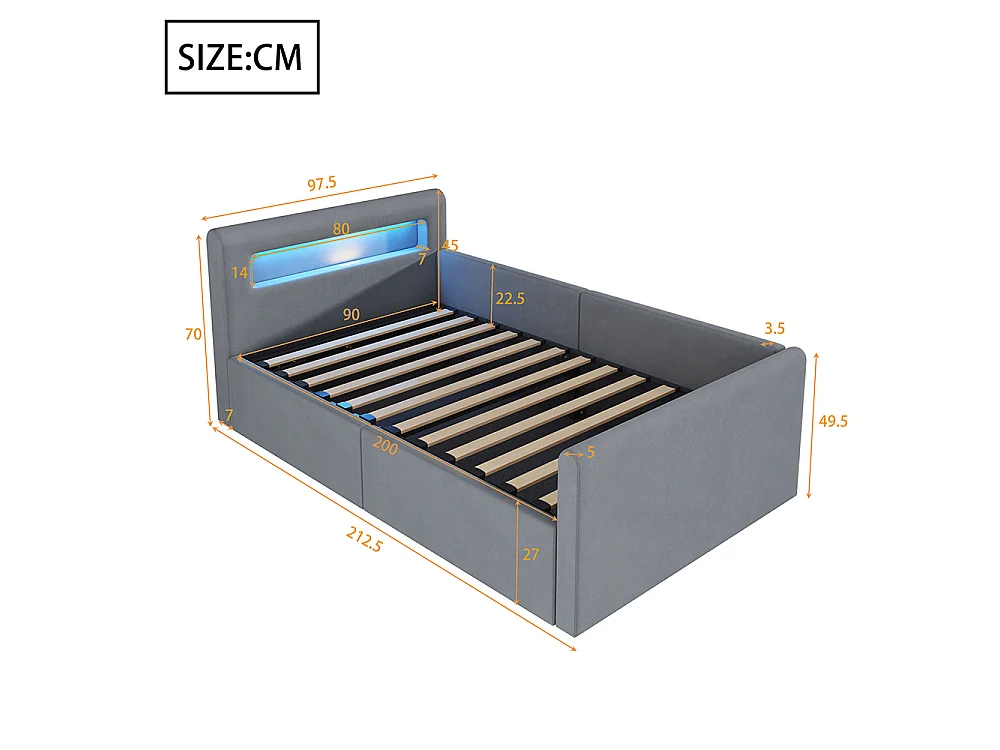 Lit enfant rembourré 90 x 200 cm - lumière LED - port USB - rangement hydraulique - compartiments de rangement - tissu velours - gris clair