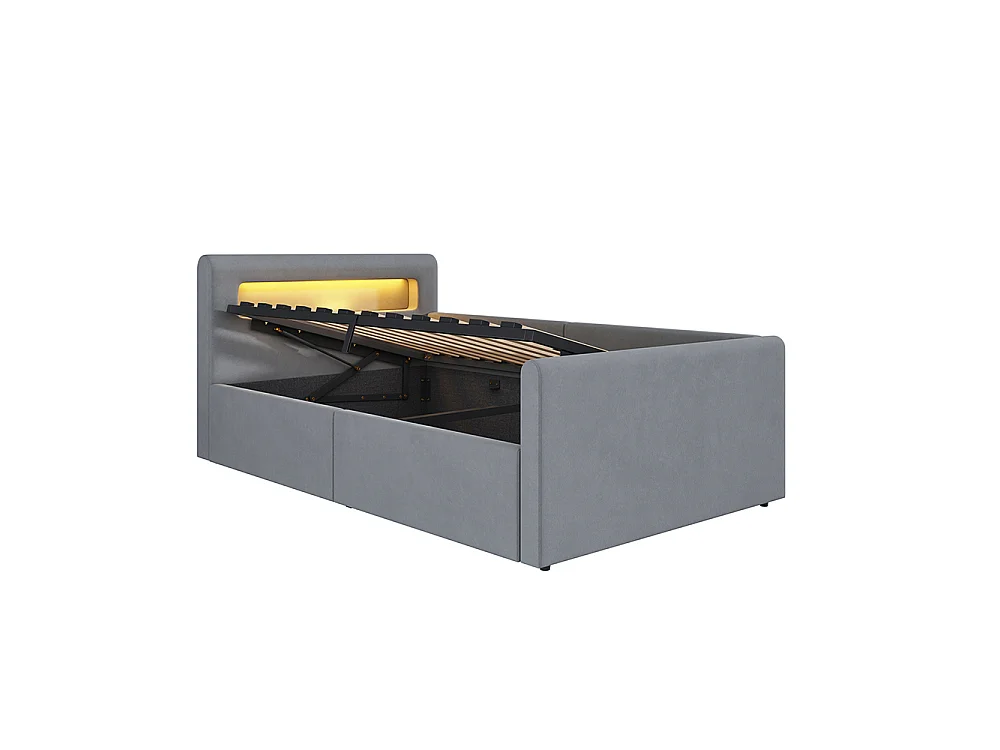 Lit enfant rembourré 90 x 200 cm - lumière LED - port USB - rangement hydraulique - compartiments de rangement - tissu velours - gris clair