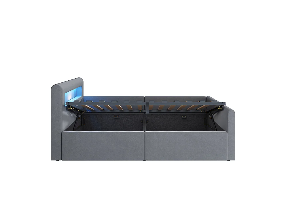 Lit enfant rembourré 90 x 200 cm - lumière LED - port USB - rangement hydraulique - compartiments de rangement - tissu velours - gris clair