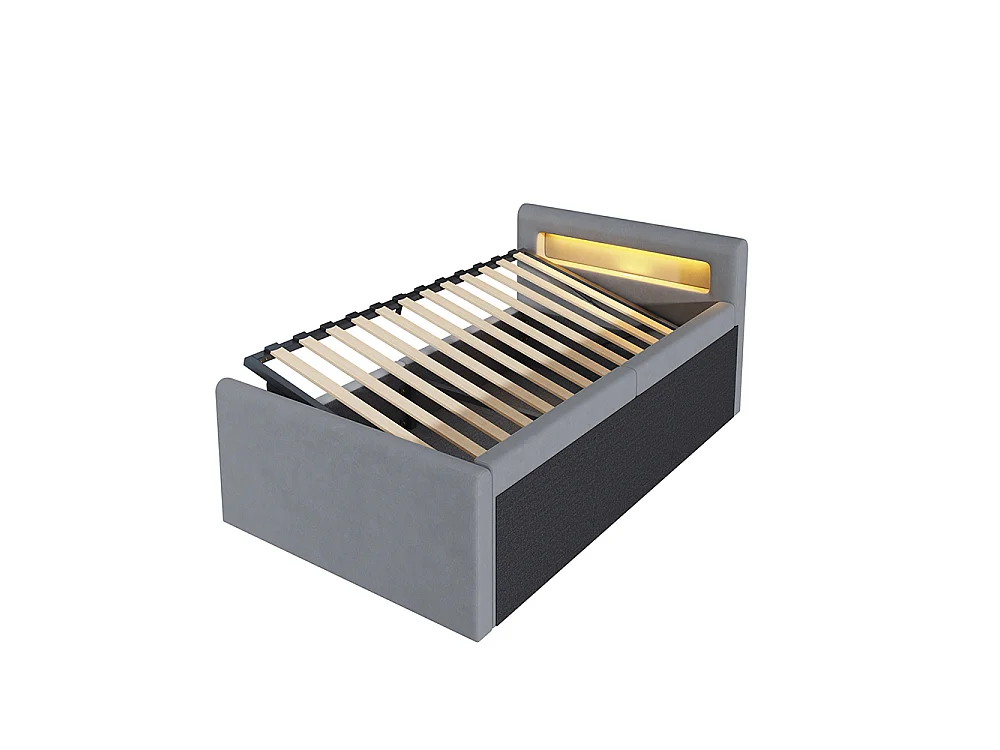 Lit enfant rembourré 90 x 200 cm - lumière LED - port USB - rangement hydraulique - compartiments de rangement - tissu velours - gris clair