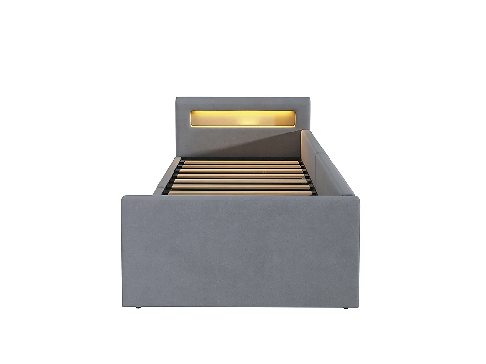 Lit enfant rembourré 90 x 200 cm - lumière LED - port USB - rangement hydraulique - compartiments de rangement - tissu velours - gris clair
