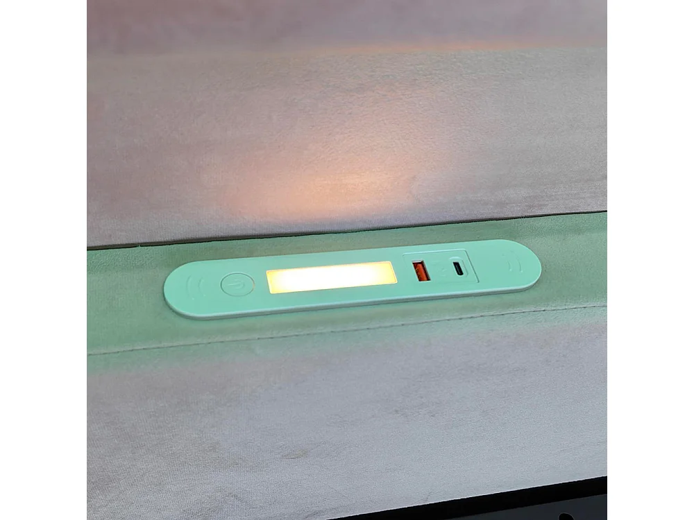 Lit enfant rembourré 90 x 200 cm - lumière LED - port USB - rangement hydraulique - compartiments de rangement - tissu velours - gris clair
