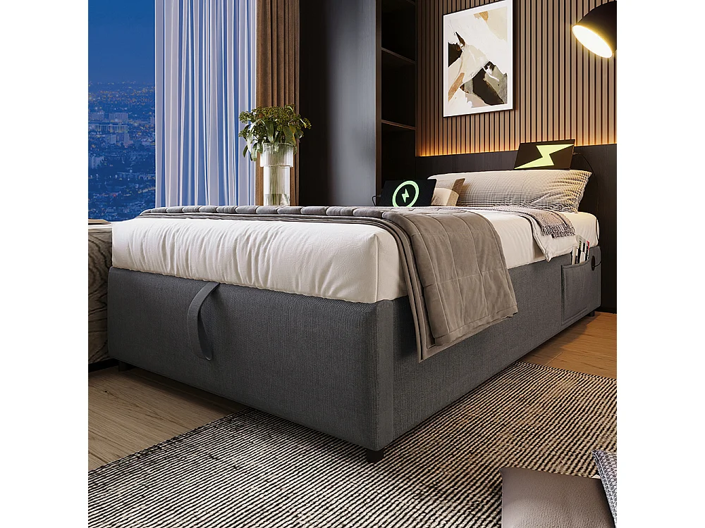 Lit coffre rembourré 90x190 cm - Prise USB C - Sommier à lattes - sans tête de lit - Lin - Gris