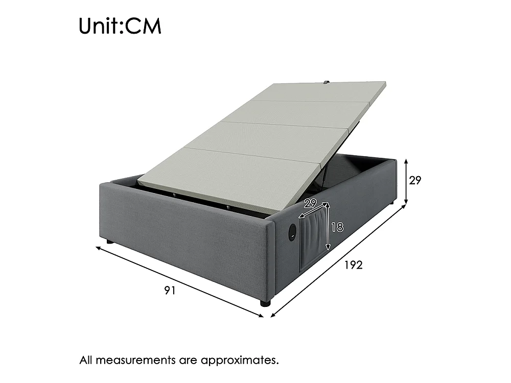 Lit coffre rembourré 90x190 cm - Prise USB C - Sommier à lattes - sans tête de lit - Lin - Gris