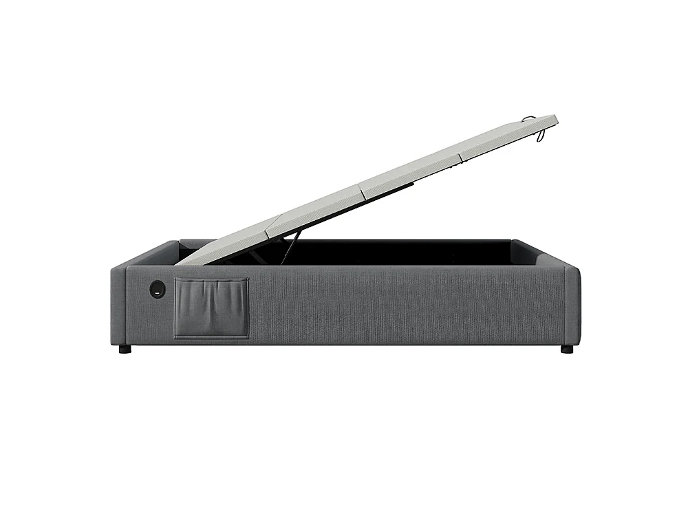 Lit coffre rembourré 90x190 cm - Prise USB C - Sommier à lattes - sans tête de lit - Lin - Gris
