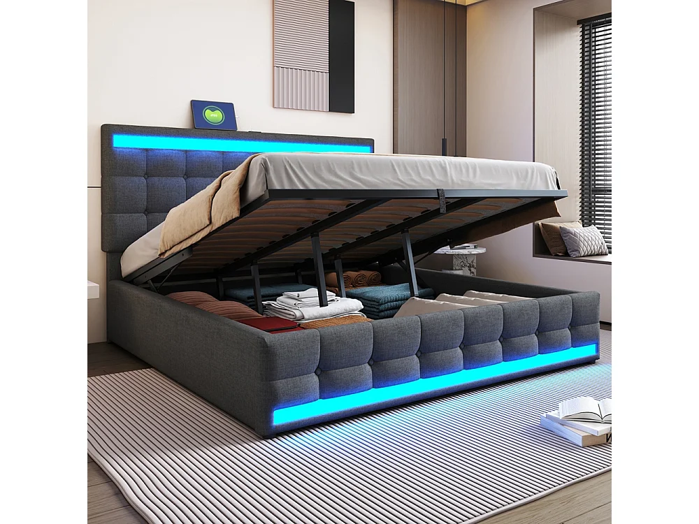 Lit coffre rembourré 180x200 cm - rangement hydraulique - port USB - éclairage LED - Tête de lit réglable en hauteur - lin - gris