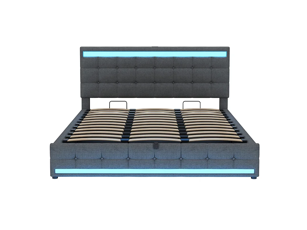 Lit coffre rembourré 180x200 cm - rangement hydraulique - port USB - éclairage LED - Tête de lit réglable en hauteur - lin - gris