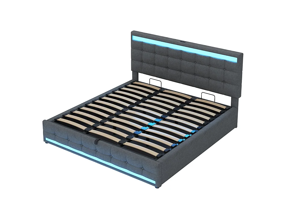 Lit coffre rembourré 180x200 cm - rangement hydraulique - port USB - éclairage LED - Tête de lit réglable en hauteur - lin - gris