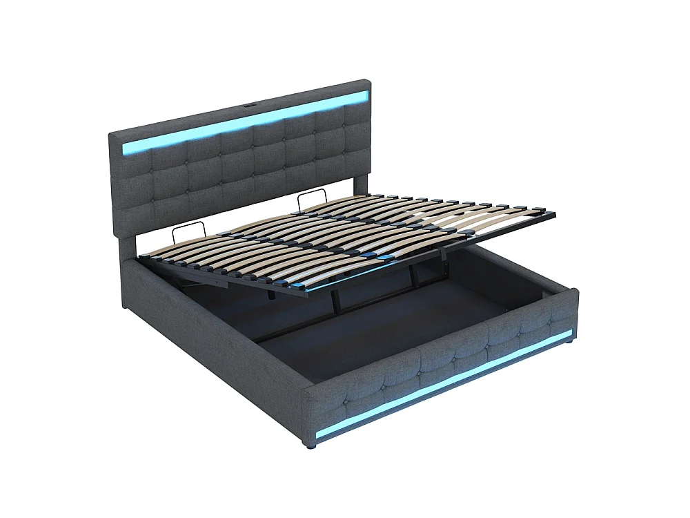 Lit coffre rembourré 180x200 cm - rangement hydraulique - port USB - éclairage LED - Tête de lit réglable en hauteur - lin - gris
