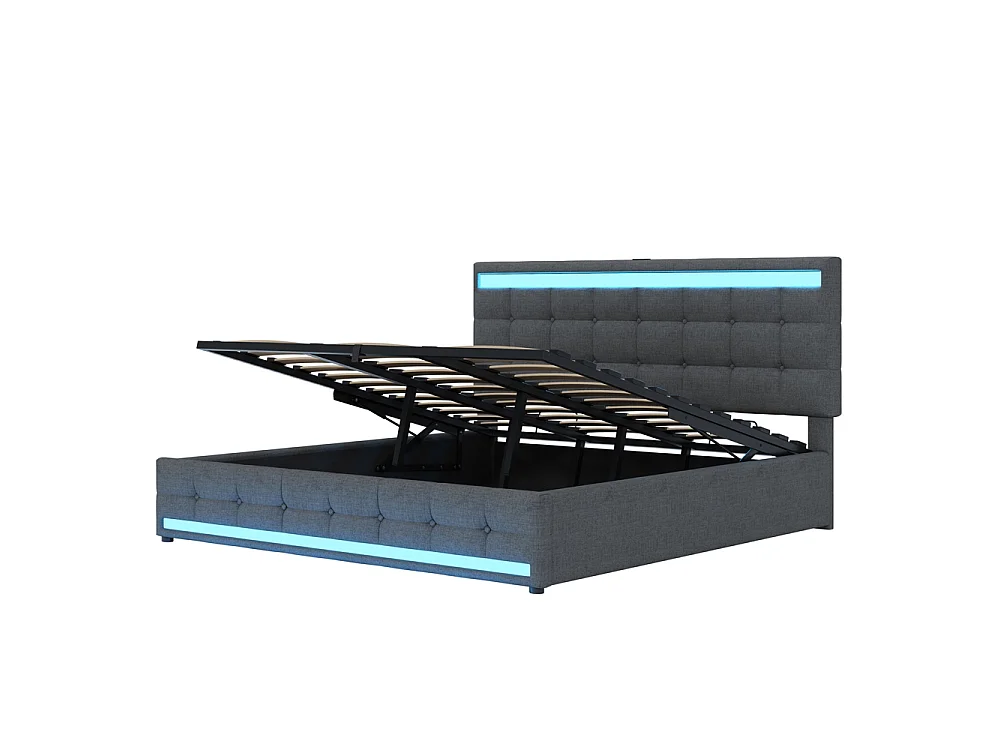 Lit coffre rembourré 180x200 cm - rangement hydraulique - port USB - éclairage LED - Tête de lit réglable en hauteur - lin - gris