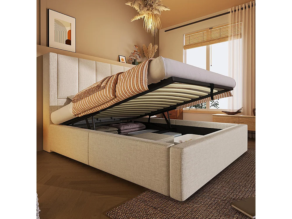 Lit coffre rembourré 90x200 cm avec porte-gobelet - Ports USB et Type C - Lit hydraulique avec rangement - Lin - Beige