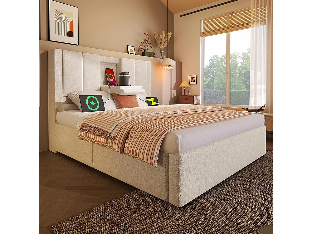 Lit coffre rembourré 90x200 cm avec porte-gobelet - Ports USB et Type C - Lit hydraulique avec rangement - Lin - Beige