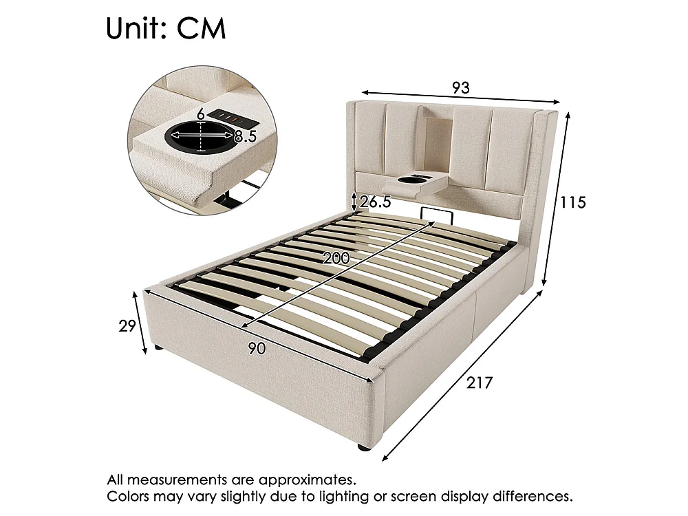 Lit coffre rembourré 90x200 cm avec porte-gobelet - Ports USB et Type C - Lit hydraulique avec rangement - Lin - Beige