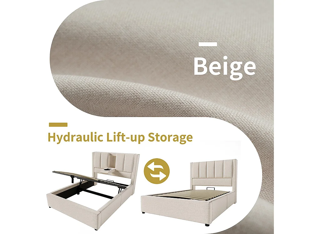 Lit coffre rembourré 90x200 cm avec porte-gobelet - Ports USB et Type C - Lit hydraulique avec rangement - Lin - Beige
