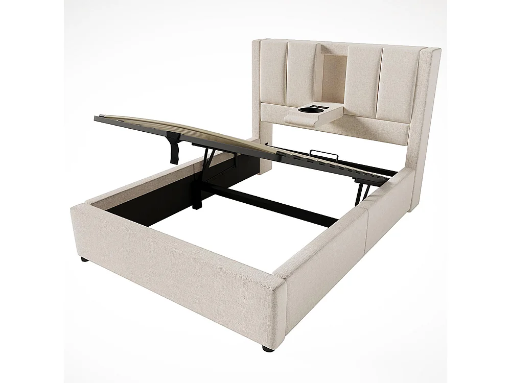 Lit coffre rembourré 90x200 cm avec porte-gobelet - Ports USB et Type C - Lit hydraulique avec rangement - Lin - Beige