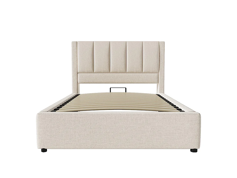 Lit coffre rembourré 90x200 cm avec porte-gobelet - Ports USB et Type C - Lit hydraulique avec rangement - Lin - Beige