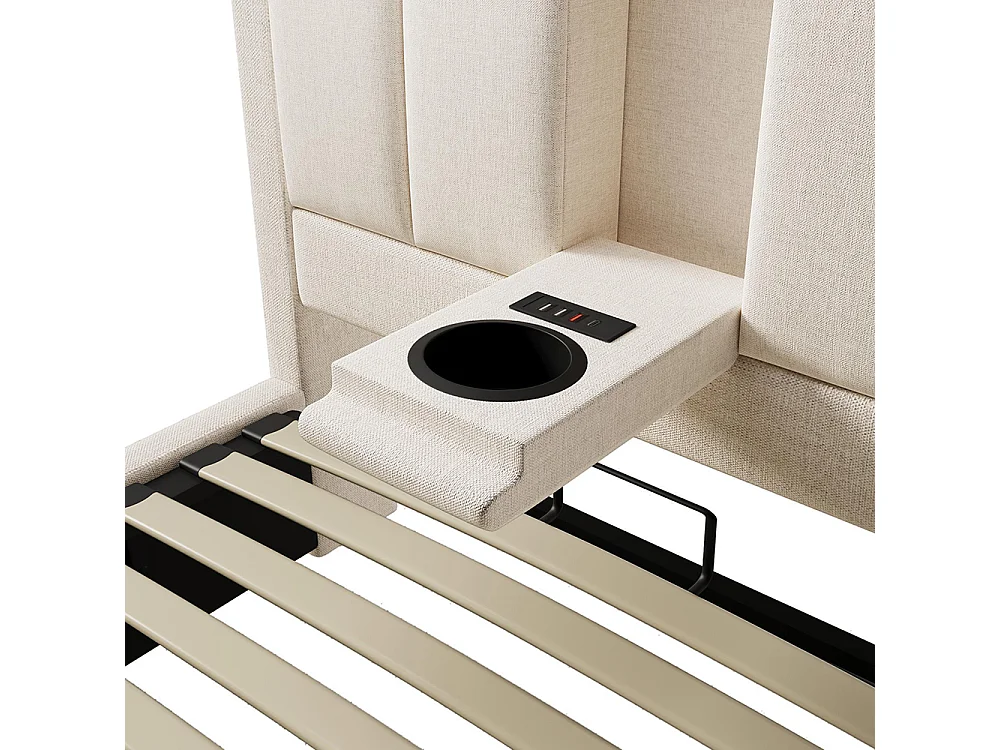 Lit coffre rembourré 90x200 cm avec porte-gobelet - Ports USB et Type C - Lit hydraulique avec rangement - Lin - Beige