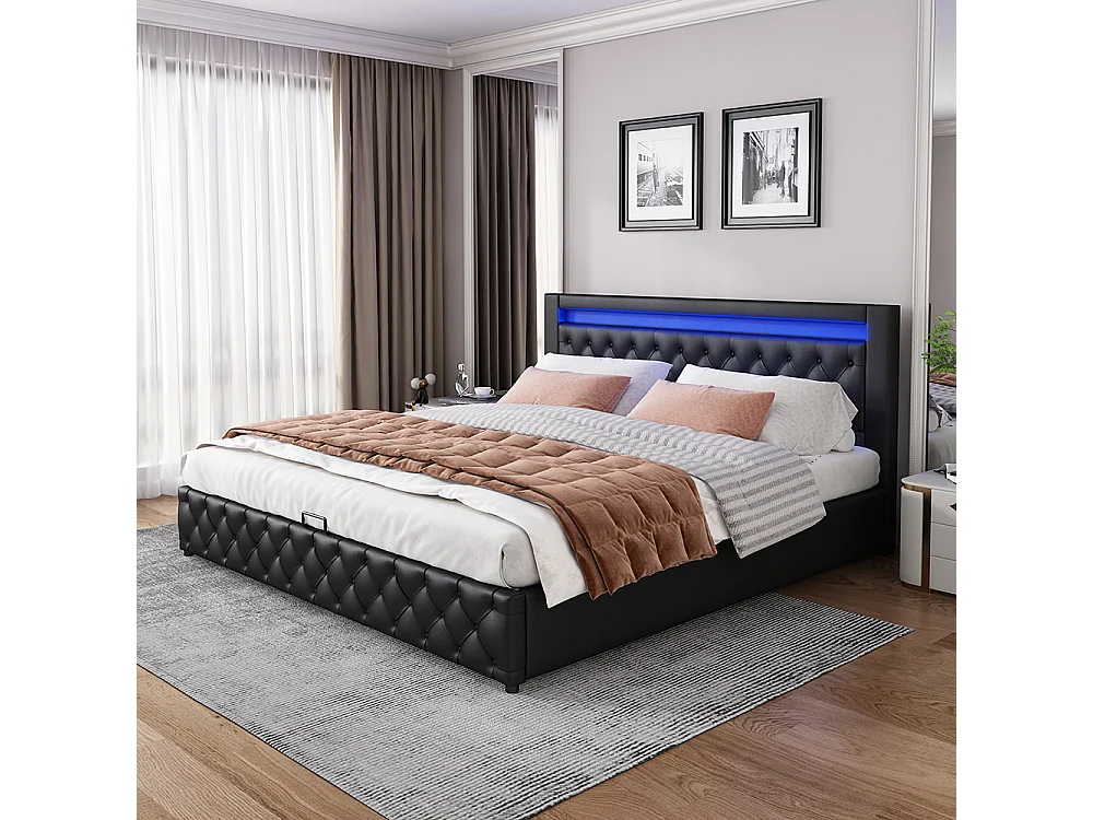 Lit adulte rembourré 180x200 cm, Lit coffre avec éclairage LED, sommier à lattes, rangement hydraulique, tissu en PU, noir