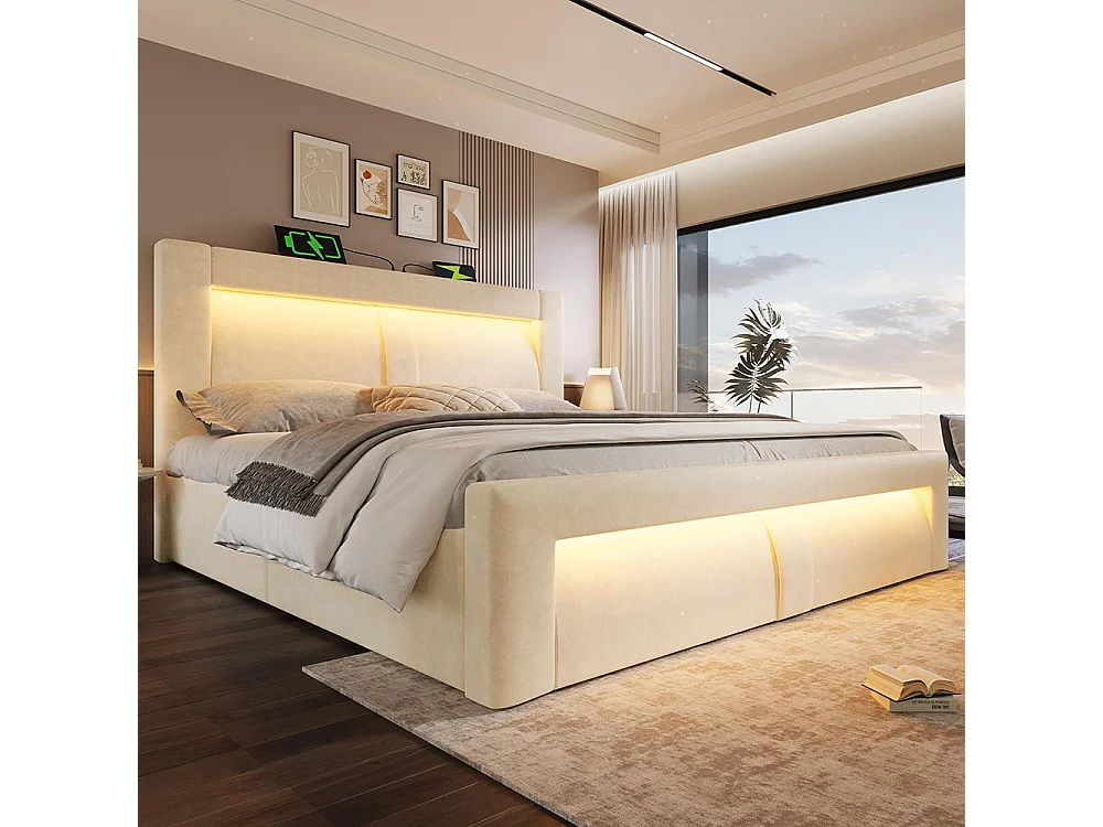 Lit coffre rembourré 160x200 cm, Lit double avec rangement, APP-Control LED, USB et Type-C, Tête de lit incurvée, Velours, Beige