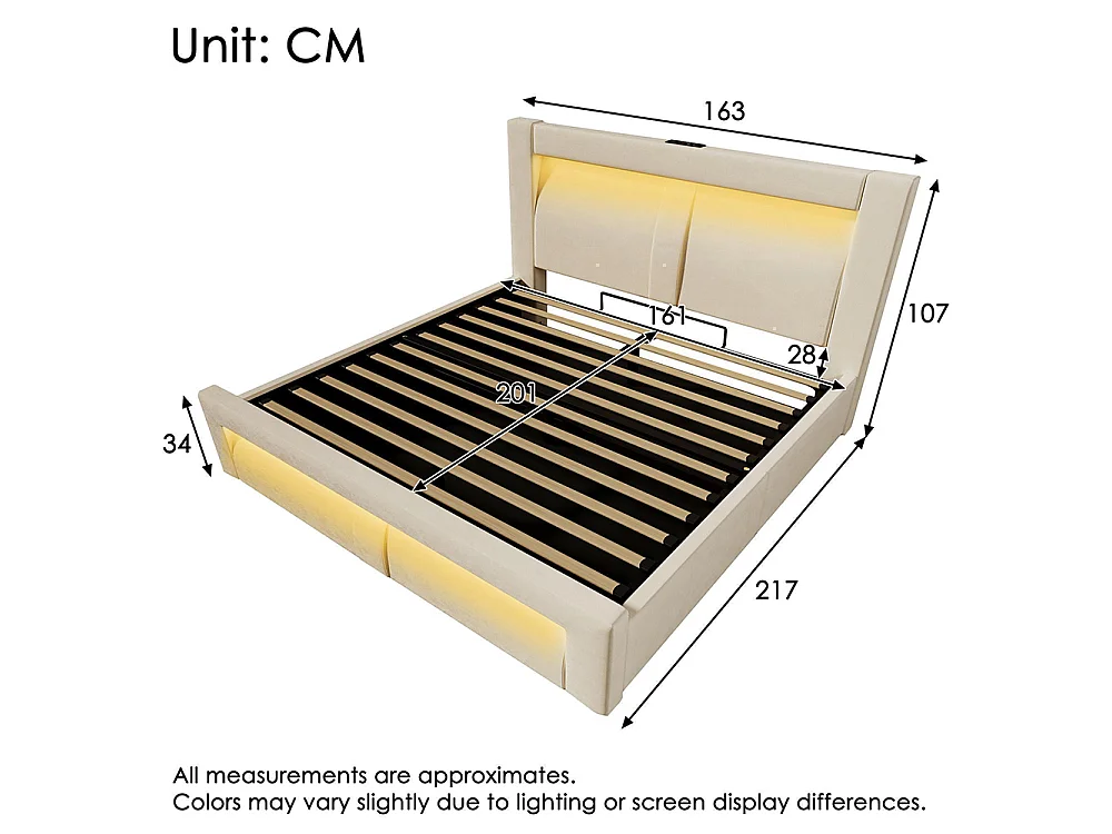Lit coffre rembourré 160x200 cm, Lit double avec rangement, APP-Control LED, USB et Type-C, Tête de lit incurvée, Velours, Beige