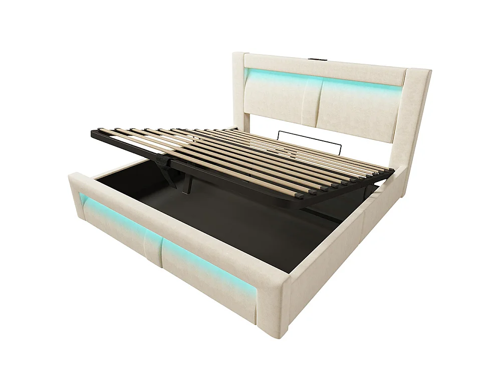Lit coffre rembourré 160x200 cm, Lit double avec rangement, APP-Control LED, USB et Type-C, Tête de lit incurvée, Velours, Beige