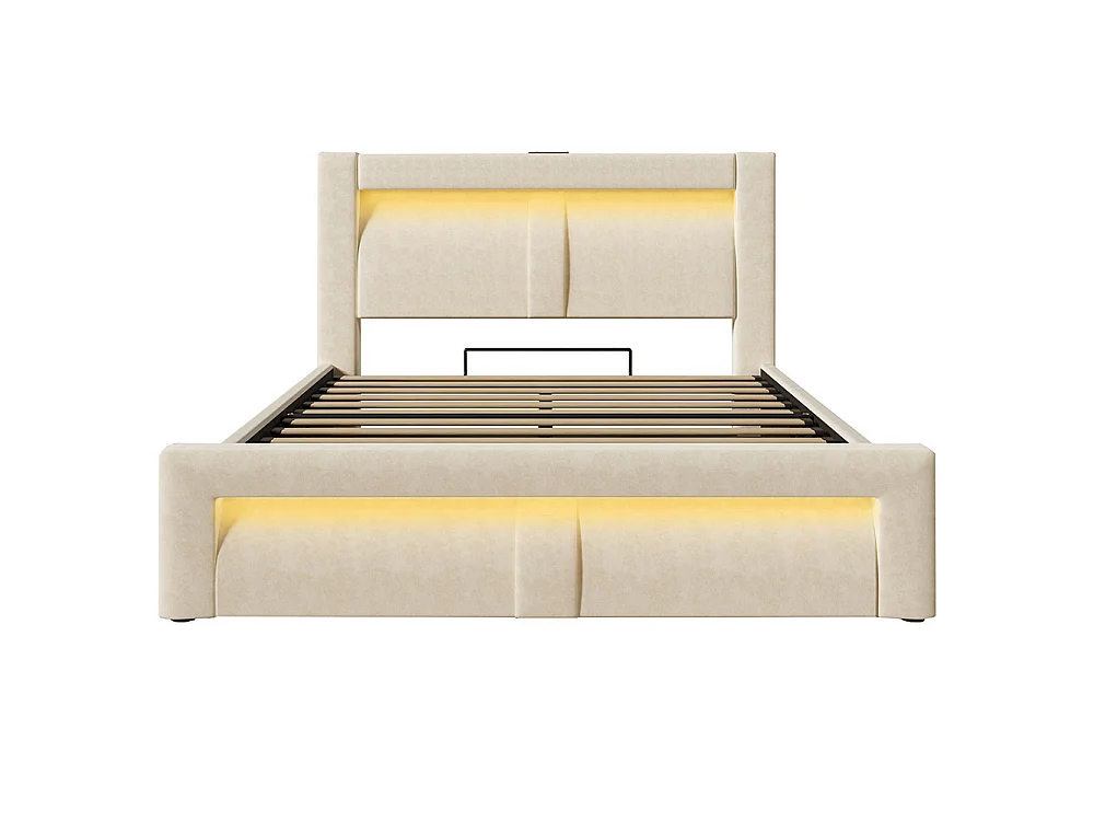 Lit coffre rembourré 160x200 cm, Lit double avec rangement, APP-Control LED, USB et Type-C, Tête de lit incurvée, Velours, Beige