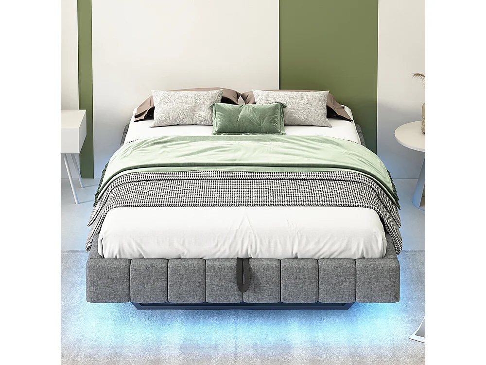 Lit coffre - 140x200 - Lin gris - Éclairage LED réglable - Rangement hydraulique - Sommier inclus