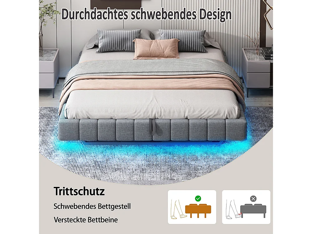 Lit coffre - 140x200 - Lin gris - Éclairage LED réglable - Rangement hydraulique - Sommier inclus