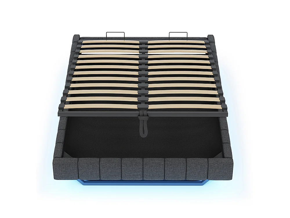 Lit coffre - 140x200 - Lin gris - Éclairage LED réglable - Rangement hydraulique - Sommier inclus
