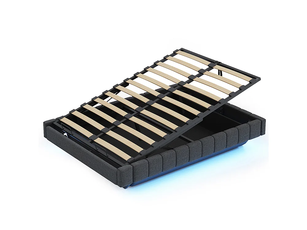 Lit coffre - 140x200 - Lin gris - Éclairage LED réglable - Rangement hydraulique - Sommier inclus