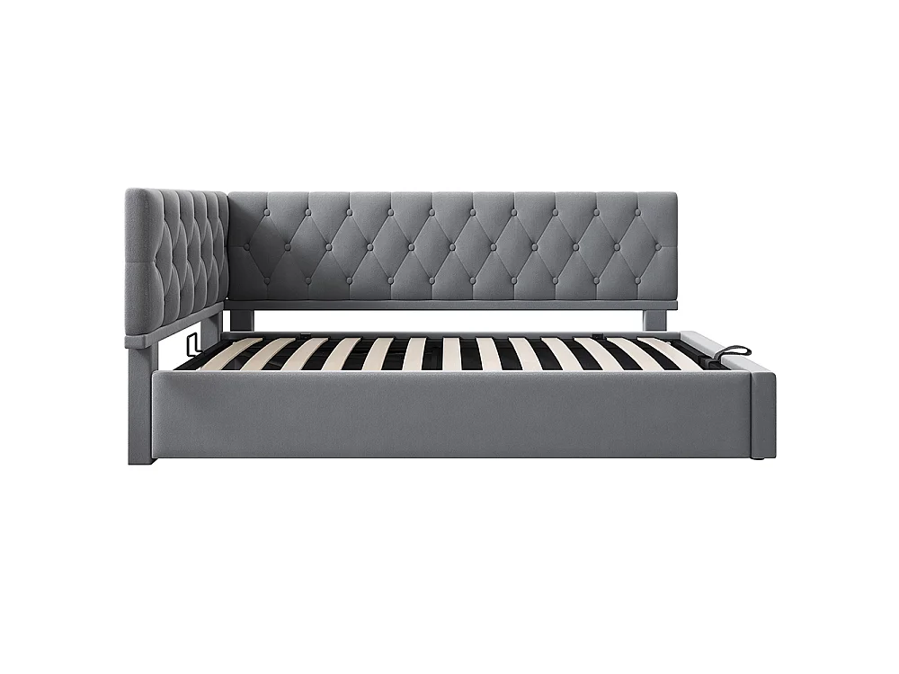 Lit coffre rembourré 90x200 cm - Canapé-lit avec rangement hydraulique - Lit enfant - Sommier à lattes - Velours - Gris