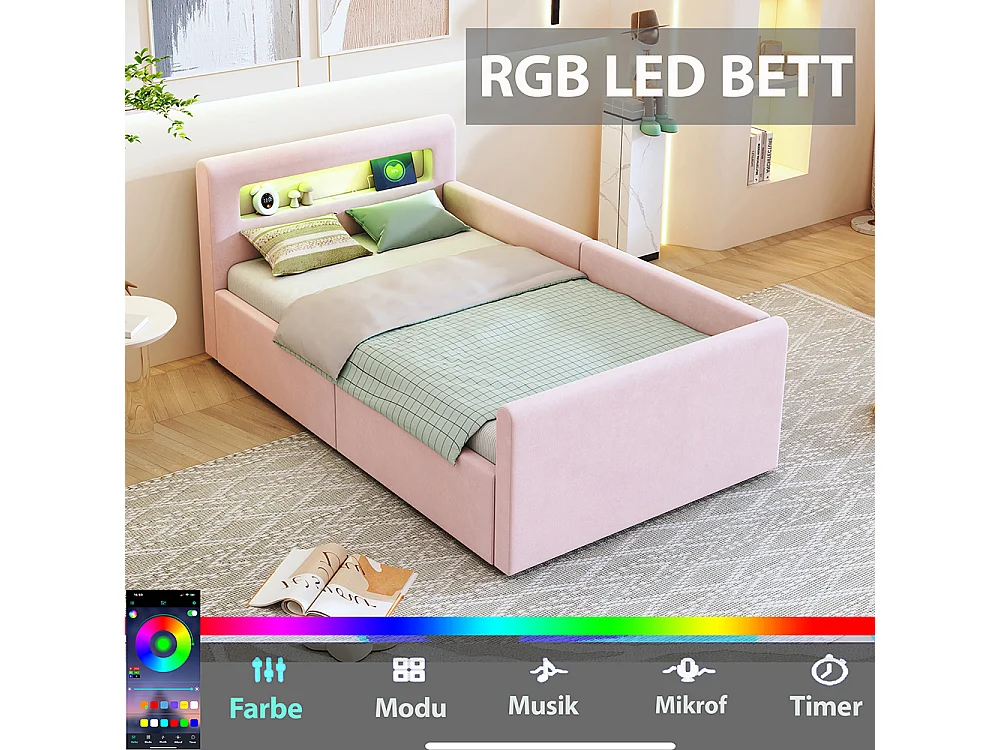 Lit enfant rembourré 90 x 200 cm - lumière LED - port USB - rangement hydraulique - compartiments de rangement - tissu velours - rose