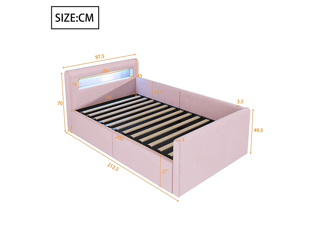 Lit enfant rembourré 90 x 200 cm - lumière LED - port USB - rangement hydraulique - compartiments de rangement - tissu velours - rose