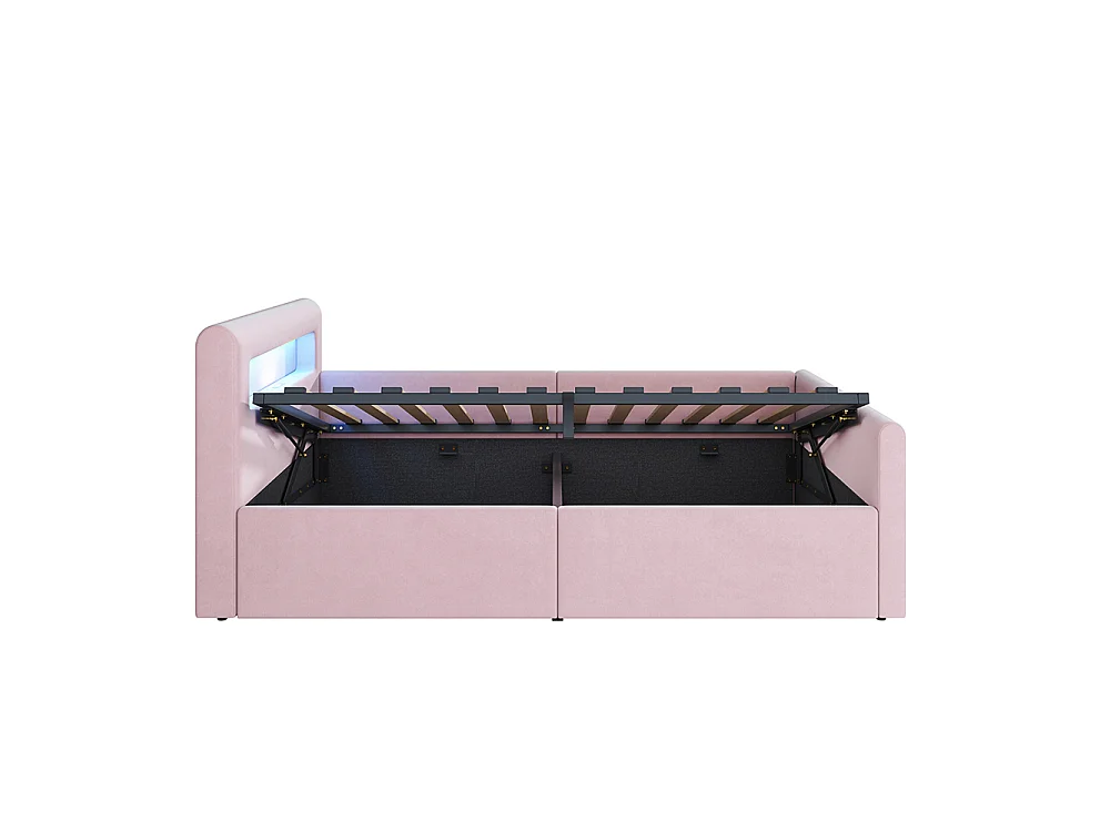 Lit enfant rembourré 90 x 200 cm - lumière LED - port USB - rangement hydraulique - compartiments de rangement - tissu velours - rose