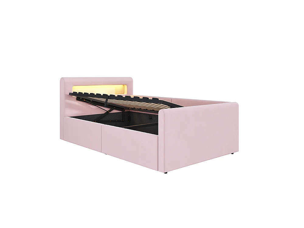 Lit enfant rembourré 90 x 200 cm - lumière LED - port USB - rangement hydraulique - compartiments de rangement - tissu velours - rose