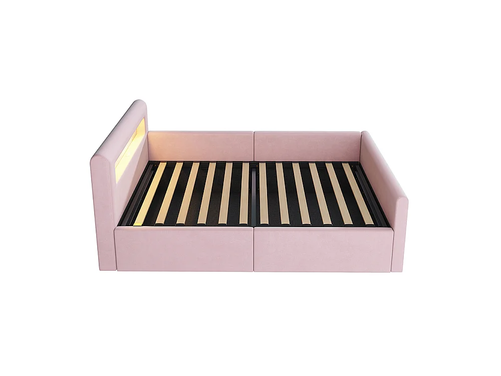 Lit enfant rembourré 90 x 200 cm - lumière LED - port USB - rangement hydraulique - compartiments de rangement - tissu velours - rose