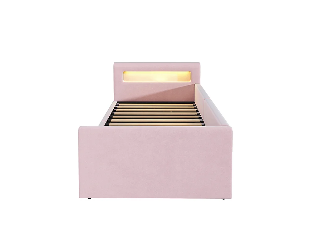 Lit enfant rembourré 90 x 200 cm - lumière LED - port USB - rangement hydraulique - compartiments de rangement - tissu velours - rose
