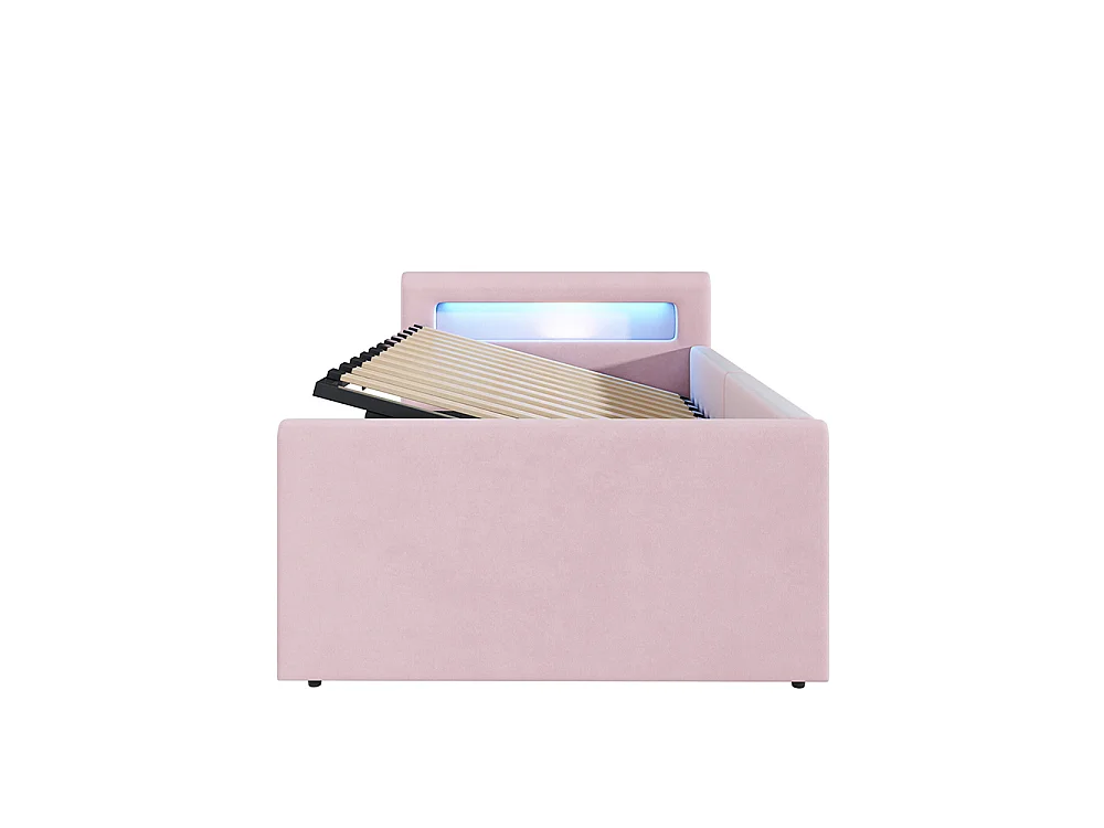 Lit enfant rembourré 90 x 200 cm - lumière LED - port USB - rangement hydraulique - compartiments de rangement - tissu velours - rose
