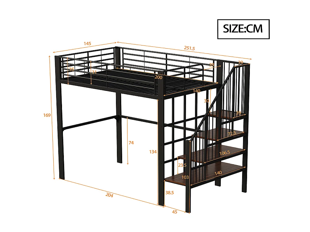 Métal Lit mezzanine 140x200 cm - Avec échelle - Barrières de sécurité - Grand rangement sous le lit - Noir