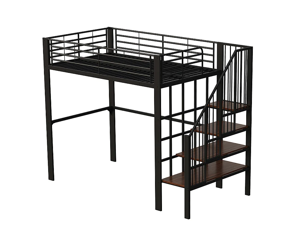 Métal Lit mezzanine 140x200 cm - Avec échelle - Barrières de sécurité - Grand rangement sous le lit - Noir