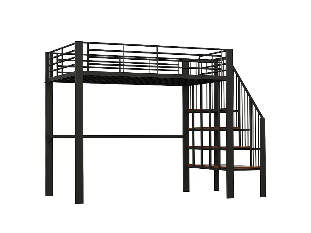 Métal Lit mezzanine 140x200 cm - Avec échelle - Barrières de sécurité - Grand rangement sous le lit - Noir