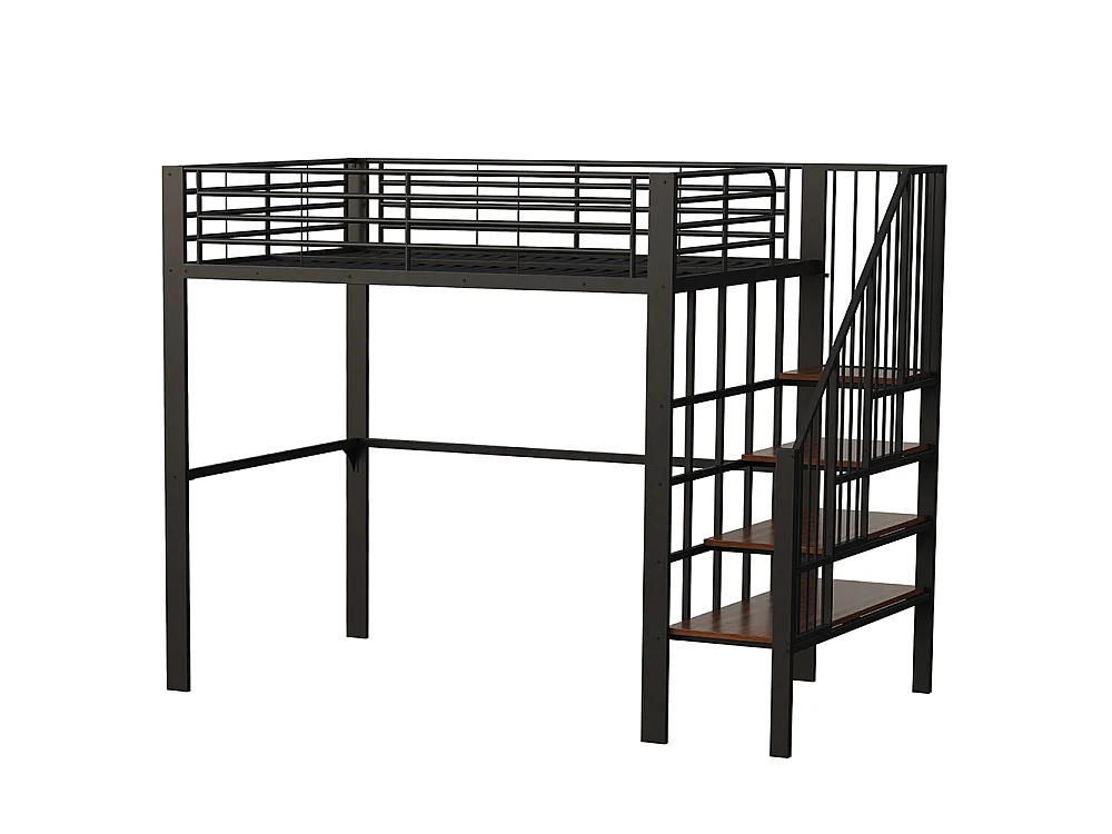 Métal Lit mezzanine 140x200 cm - Avec échelle - Barrières de sécurité - Grand rangement sous le lit - Noir
