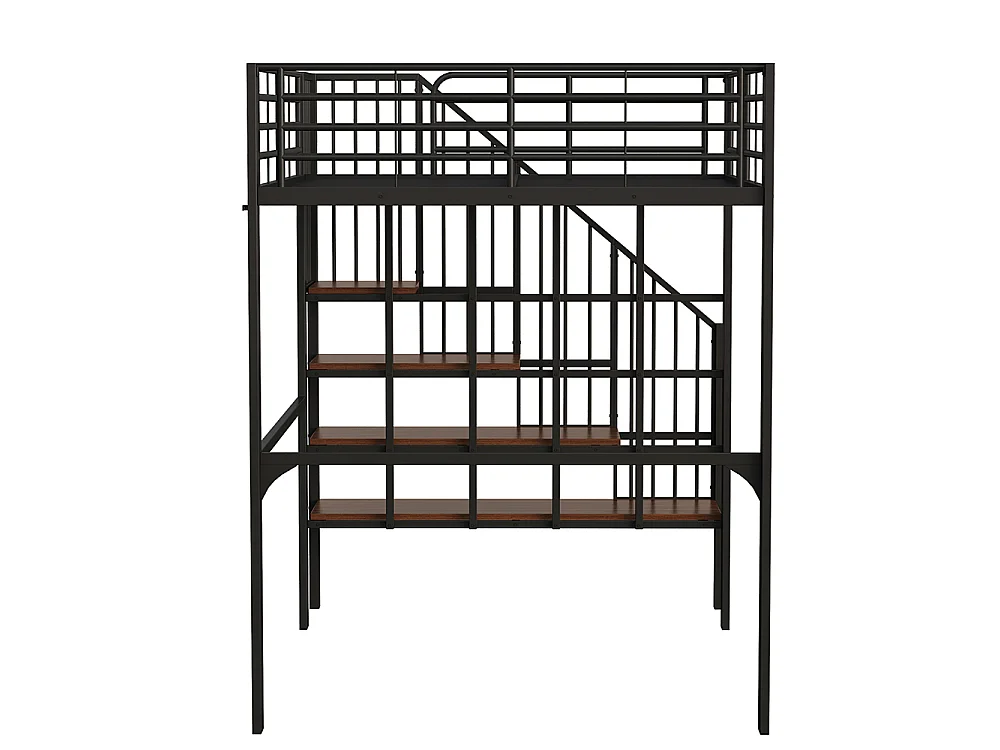 Métal Lit mezzanine 140x200 cm - Avec échelle - Barrières de sécurité - Grand rangement sous le lit - Noir