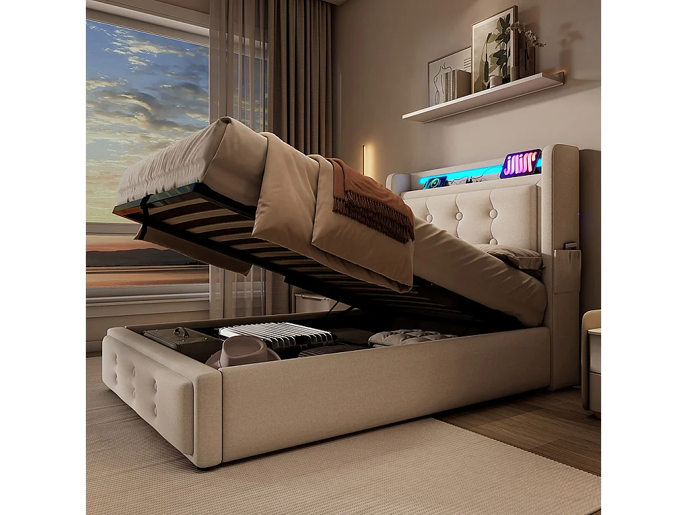 Lit Coffre 90 x 200 cm - avec LED et port USB-C - Tête de lit capitonné avec étagères ouvertes - Sommier à lattes - Beige - Coton