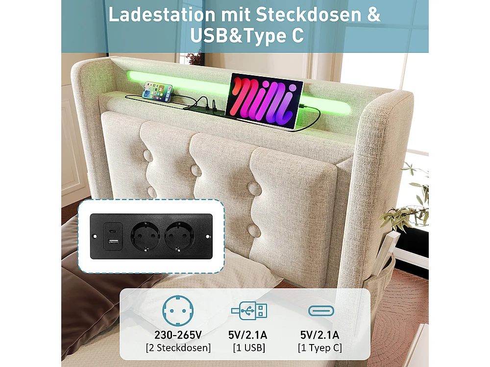 Lit Coffre 90 x 200 cm - avec LED et port USB-C - Tête de lit capitonné avec étagères ouvertes - Sommier à lattes - Beige - Coton