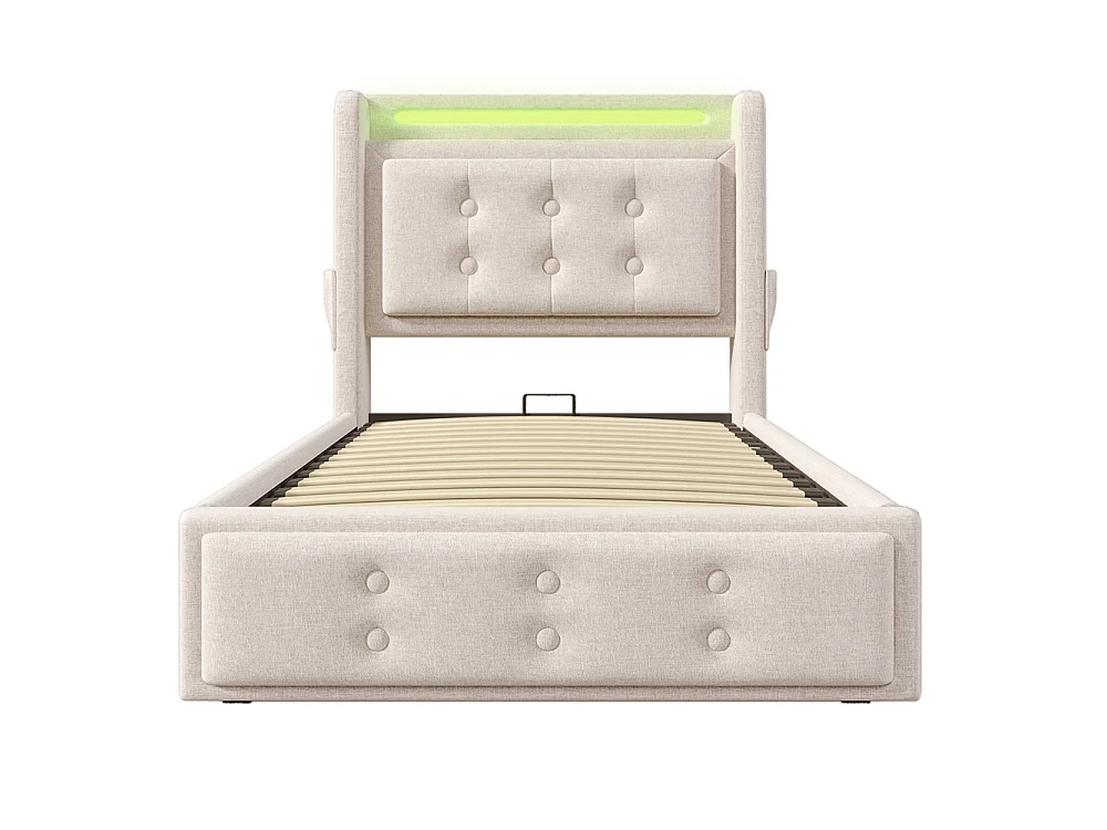Lit Coffre 90 x 200 cm - avec LED et port USB-C - Tête de lit capitonné avec étagères ouvertes - Sommier à lattes - Beige - Coton