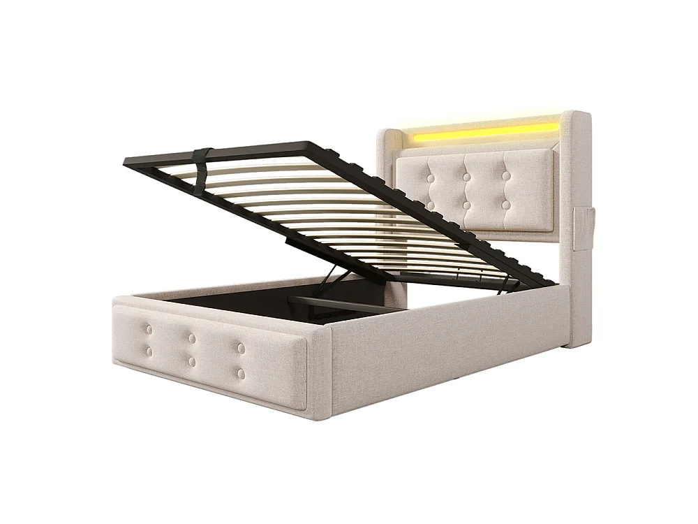 Lit Coffre 90 x 200 cm - avec LED et port USB-C - Tête de lit capitonné avec étagères ouvertes - Sommier à lattes - Beige - Coton
