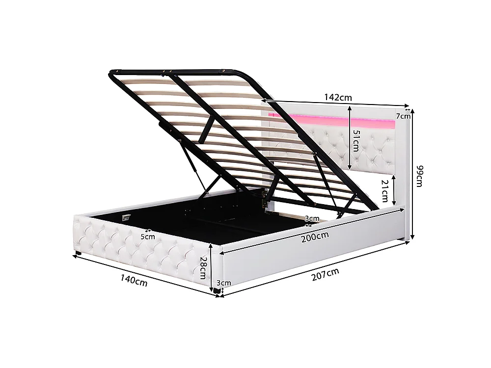 Lit adulte rembourré 140x200 cm, Lit coffre avec éclairage LED, sommier à lattes, rangement hydraulique, tissu en PU, blanc